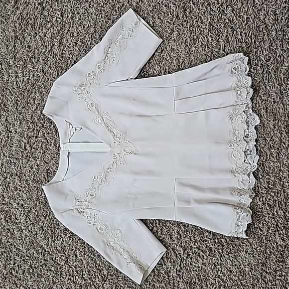 Rebecca Taylor Top Crepe Lace Inset Blouse Scallop Vneck Sz 10 Pleats Peplum - Picture 2 of 8